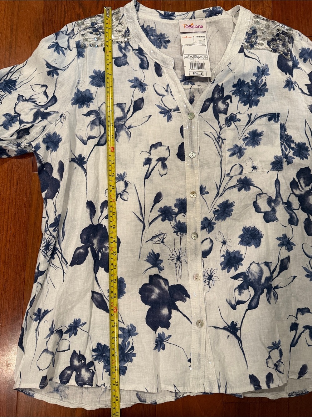 Toscane White Linen Button-Up Blouse with Navy Floral Print 100% Linen - Picture 5 of 7